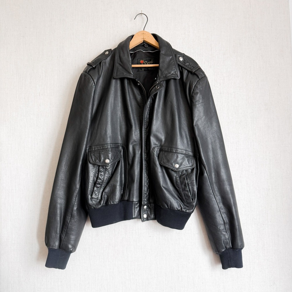 Reed Vintage‎ Mens Black Leather Bomber Flight Jacket Aviator Epaulets Large